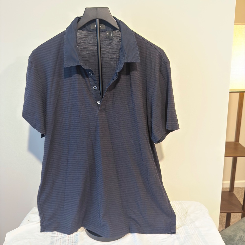 Theory Mens Navy Blue Striped Short Sleeve Polo Shirt XL Made in Peru